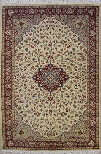 5'1 x 7'11 Pak Persian Ivory, White Color Area Rug with Wool Pile - | a 5x8 Medium Rug | An Authentic Hand Knotted Pak Persian Silk and Wool Rug