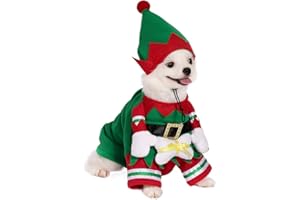 Filhome Dog Cat Christmas Elf Costume with Hat, Pet Christmas Winter Fleece Coat Clothes Puppy Xmas Outfit Apparel