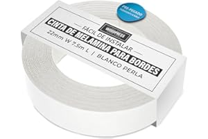WOODPRESS 22mm Ribete de Melamina Blanco Perlado, Cinta de Chapa Pre-Pegada - Rollo de 7,5m - Hierro para una Fácil Aplicación de Bricolaje – Cubrirá el Borde de un Panel Estándar de MDF