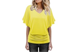 QI_LIANG Teen Girls Trendy Clothes, Pub Oversized Batwing Tops Womens Soft Essential Autumn Polyeste Tops V Neck Baggy Ruffle Solid Top Ladies