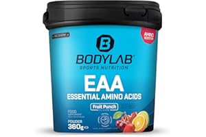 Bodylab24 EAA Essential Amino Acids Punch aux fruits 360g, 8 acides aminés essentiels hautement dosés, tous les BCAA & EAA contenus, vitamine B6, poudre EAA, goût délicieusement fruité