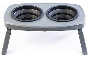 Colapz 2 x Portable Collapsible Dog Bowls with Stand, Raised Elevated Bowl, Grey