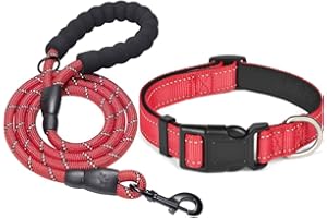 KOMUNJ Set collare e guinzaglio riflettente per cani, collare regolabile, guinzaglio in nylon resistente per cani di taglia media e grande, rosso, m
