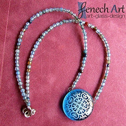 Fused glass choker with natural stone. Light blue arabesque pattern