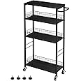 YBING Slim Storage Cart Kitchen Rolling Utility Cart on Wheels 4 Tier Mobile Narrow Cart with Wood and Metal Handle Slide Out Storage Shelving Unit Cart for Kitchen Living Room Small Places Black
