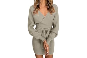 Vancavoo Vestido de Punto para Mujer Vestido de Manga Larga con Cuello en V Corto de Suéter sin Espalda Jersey de Punto con Cinturón Elegante para Otoño Invierno