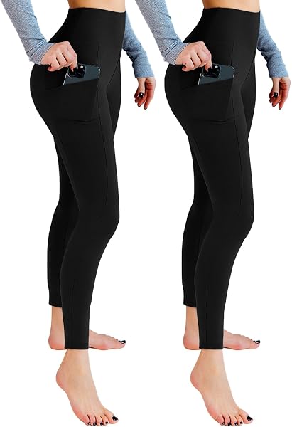Leafigure 2 Pack Gym Leggings for Women High Waist Opaque Leggings with Pockets for Workout Sport Yoga Running - 1