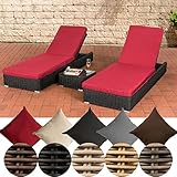 CLP 2 x Poly-Rattan Sonnenliege ATESSA + Beistelltisch 50 x 50 cm + 2 x dicke Auflage, ALU Gestell, Rückenlehne 5-fach verstellbar Rattan Farbe: Schwarz, Bezugfarbe: Rubinrot