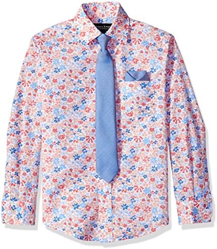 Steve Harvey Boys' Long Sleeve Solid Shirt and Tie Business Suit Pants Set, Light Orange, 14