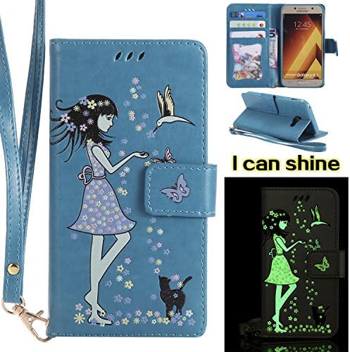 Samsung Galaxy A5 2017 Case [with Free Screen Protector],Kwapo® Embossed Girl and Cat Pattern Design Premium Flip Magnetic Detachable PU Leather Wallet [with 9 Credit Card Holder Slots] Smart Standing Folio Book Style Ultra Thin Nice Drawing Patterns Protective Case Cover Skin for Samsung Galaxy A5 2017 - Blue
