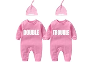 Culbutomind dziecięce body dla bliźniaków, „podwójne kłopoty”, uroczy strój z czapką, piżama dziecięca, prezent dla nowo narodzonych chłopców i dziewczynek