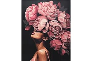 Tucocoo Fashion Head Painting by Numbers Pink Flower Abstract Drawing Nordic Wall Decoration Oil Paint by Numbers Beautiful Woman Head Flower Paint by Numbers for Adults Without Frame-16''Wx20‘’H