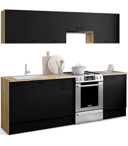 Vicco Fame- Line Meuble de cuisine complet – 300 cm, WB Chêne Anthracite- Or/ Wit , WB