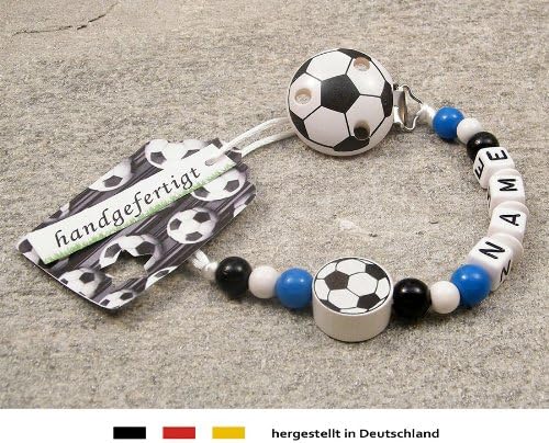 Personalised Baby Dummy Clip | Pacifier Holder with preffered Name – Girls & Boys Motif Football Club Colors Blue, White and Black | Beststeller from Germany