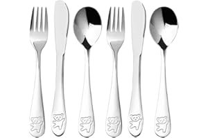 LANJUE 6-teiliges Kinderbesteck aus Edelstahl, 2 x Gabel, 2 x Löffel und 2 x Messer für Baby & Kinderzeit, Kinderbesteck Mit Gravur, Geschenke zur Taufe,Taufgeschenke(Silber)