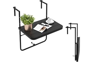 KOMFOTTEU Table de Balcon Suspendue, réglable en 3 Hauteur, Table de Service Pliable, résistante aux Intempéries, Charge de 30 kg, Petite Table Suspendue pour l'Extérieur et l'Intérieur (Noir)