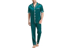 SWOMOG Men‘s Silk Satin Pyjama Set Short Sleeve Button Down Shirt with Long Pants Silky Pjs Notch Collar Loungewear