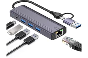 OMIVINE Adattatore da USB C a Ethernet 5 in 2 1000 Mbps con 3 x USB 3.0 e 1 x USB-C, USB 3.0 to RJ45 Gigabit LAN Network Adapter Nylon Braided & Alluminio Alloy Ethernet Hub per PS4/5, MacBook, Surface, XPS,