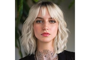 BESTUNG Short Blonde Wig Ombre Dark Blonde Bob Wig with Fringe Neck Length Blonde Wavy Hair Wig Fancy Dress Synthetic Wigs for Women With Dark Roots Natural Looking （10 Inches）