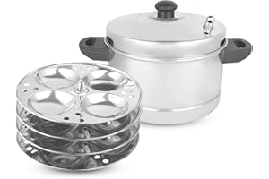 KSJONE Edelstahl Idli Kocher für indisches Kochen - Ergonomische Teller - Lebensmittelqualität Idli Platten für Herd, 4 Idli Ständer - Macht bis zu 16 Idlis