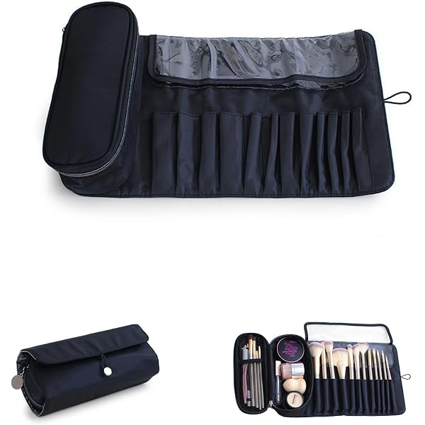 Beautybaby Make-up Pinsel Tasche | Tragbar Mit Gürtelschlaufe | Mehrere Fächer Für über 28 Pinsel | Schwarz | PU Leder