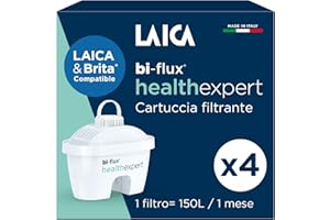 LAICA bi-flux® healthexpert Filtro per acqua - Riduce PFAs fino al 92%** e Incrementa il Magnesio - Compatibile con le Caraffe Brita* - 4 Mesi di Acqua Filtrata (4 filtri x 150L) - Made in Italy