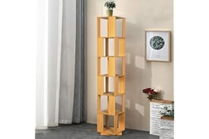Redd Royal 6-Tier Bookcase 360° Rotating Bookshelf, Walnut Floor Standing Storage Rack for Living Room Bedroom, Open Design Swivel Corner Shelf Home Office Decor