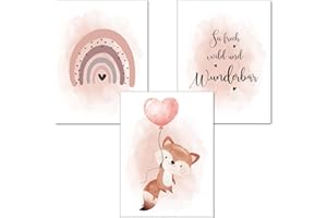 artpin® Poster Kinderzimmer, 3er Set Bilder Babyzimmer Mädchen, Altrosa Luftballon Regenbogen Fuchs K3