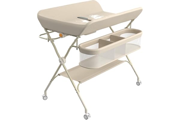 Table à Langer Mobile pour Bébé, Pliable avec Hauteur Réglable sur 5 Niveaux Poubelle Panier de Rangement Etagère Roues Verrouillables, pour Chambre de Bébé,75 * 68 * 83-91cm (A) Blanc crème