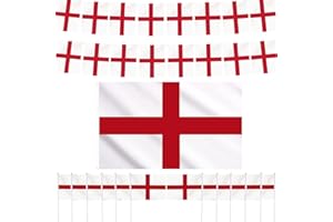 AhfuLife England St Georges Flags Bunting Set for St. George's Day Decorations, 10m England Bunting, 12pcs Handheld Small Flags and 1pcs 5ft x 3ft Flag for Rugby Euro Football World Cup Party Decor