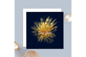 popcarte Carte de vœux 2024 • Envolée Festive Bleu et Doré • Lot de 16 Cartes • Papier haut de gamme • 16 Enveloppes Blanches • 14x14 cm Pliée • Bonne Année & Happy New Year