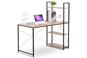 eSituro SCD0030 Computer Desk with 4 Shelves, Study Work Desk for Office, Laptop Desk for Home Bedrooms Workstation, 120x64x120cm, Gaming Desk Black Metal Wood Greige Design