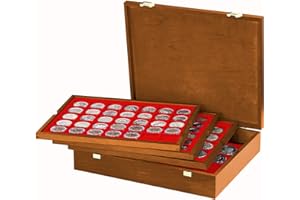 LINDNER DAS ORIGINAL LINDNER - Cassetta portamonete in vero legno con 4 tabelle rosso chiaro per 127 monete di diversi Ø