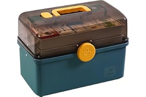 OUGPIU Lockable Medicine Box,Medicine Storage Box,Lockable Storage Bin Organiser Box,3-Layer Medication Storage Multi-Purpose Storage Box Medicine Cabinet Portable with Handle (Blue, XL)