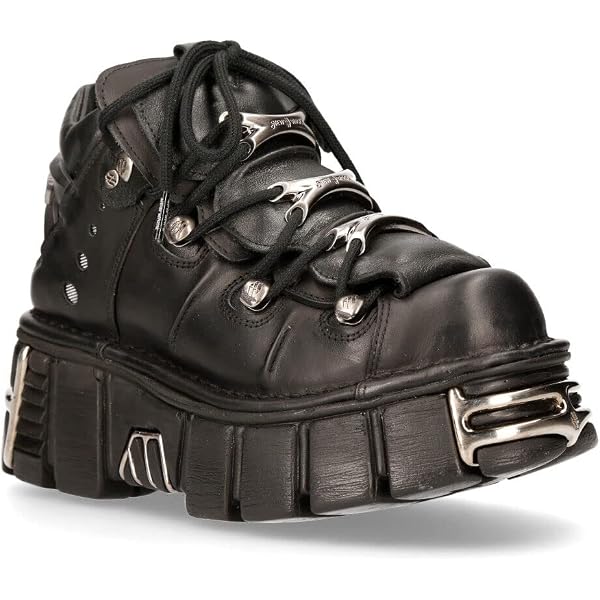 Bottes New Rock 591-S2 Noir Et Argent Flammes - Cuir Lourd Punk Gothique - Tailles 40 à 46