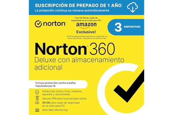 Norton 360 Deluxe Exclusivo Amazon*|Antivirus 3 Dispositivos|1 año con renovación automática| Descarga digital