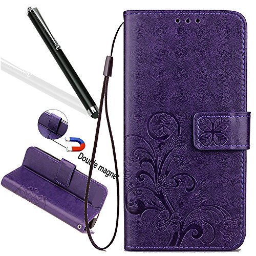 Galaxy J5 Prime Leather Case,Galaxy J5 Prime Floral Wallet Case,Leeook Card Slots Pu Leather Magnetic Closure Bookstyle Elegant Retro Pressed Flower Strap Flip Wallet Proective Case Cover with Stand for Samsung Galaxy J5 Prime+1x Black Stylus-Flower,Purple