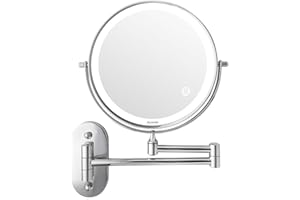 Auxmir Lusterko kosmetyczne z podświetleniem LED, powiększenie 1/5x, możliwość ściemniania, z przełącznikiem dotykowym, bateria, lusterko do golenia, dwustronne, obracane o 360°