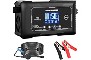 HTRC Cargador de batería de coche de 12 V/15 A y 24 V/10 A, cargadores para baterías de coche, moto, cortacésped, barco, litio, LiFePO4, plomo-ácido (AGM, gel, MF, EFB, SLA, VRLA, etc.)