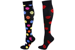 AISPRTS Cheeroyal Lot de 2 paires de chaussettes de compression 20-30 mmHg pour hommes et femmes moyen, Couleur noire à motifs (39 + 40), Taille S/M