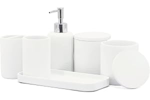 ZCCZ - Vitt badrumstillbehörs set 6 st - Tandborsthållare, lotiontvåldispenser, 2 Qtip hållardedispenser, toalettbricka, badr
