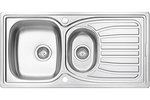 JASSFERRY Stainless Steel Kitchen Sink Inset 1.5 One Half Bowl Reversible Drainer with Waste Pipes Clips, 980 x 510 mm 10 Year Warranty