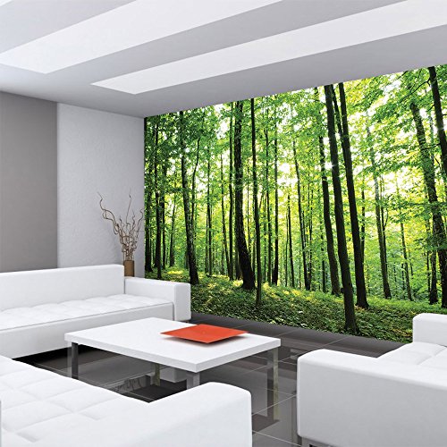 Vlies Fototapete 400×280 cm PREMIUM PLUS Wand Foto Tapete Wand Bild Vliestapete – Wald Tapete Bäume Wald Sonne Wiese grün – no. 528 - 6