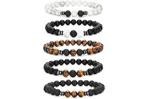 VELESAY 5 Pezzi Pietre Naturali Bracciali Lavica Elastico Perline per Braccialetti Occhio di Tigre Set Bracciali Pietra Lavica Bracciale Uomo Donna Regalo di Anniversario per Uomo Pietre Naturali