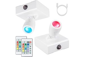 BIGMONAT Focos LED Inalámbricos, Lámparas de Pared de Carga, Faros de Cama de Dormitorio, Lámparas de Pared de Fondo de Sala de Estar, 12 Colores, Lámparas de Pared Giratorias de Balcón - 2 Juegos