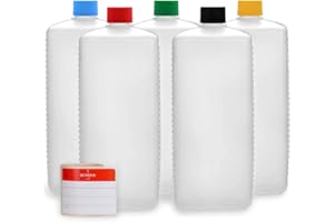Octopus Bouteilles en plastique 5x 1000 ml, bouteilles en plastique PE-HD avec bouchon à vis de couleur vive, bouteilles vides avec bouchons à vis colorés, bouteilles carrées, étiquettes incluses