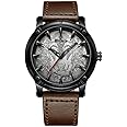 carlien New 3D Engraved Wolf Dial Quartz Watch for Men Big Face Sport Leather Casual Wristwatch