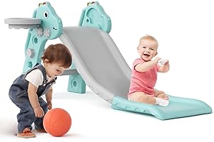 KORIMEFA Toboggan pour Enfants 3-en-1 Toboggan Enfant avec Panier de Basket Échelle d'escalade Aire de Jeux d'Extérieur et l'Intérieur pour bébé Garçons et Filles (Vert)