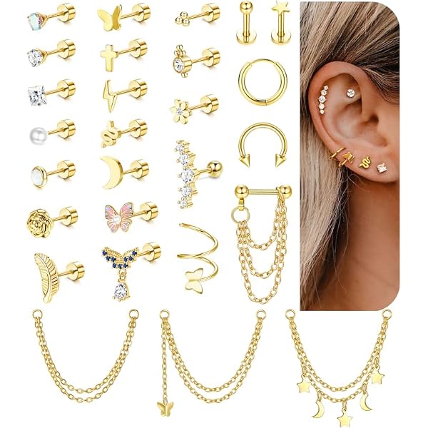 10 Paires Boucles D'oreilles Acier Inoxydable - Créoles Et Studs à Dos Plat - Pour Cartilage, Tragus, Helix - Cadeau Femme