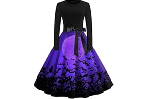 EZJOBLA Halloween Costumes for Women, Halloween Long Sleeve Round Neck Elegant Dress Halloween Party Dress Ladiess Bowknot A Line Dress Womens Halloween Outfits Prom Swing Printing Holiday Clothing